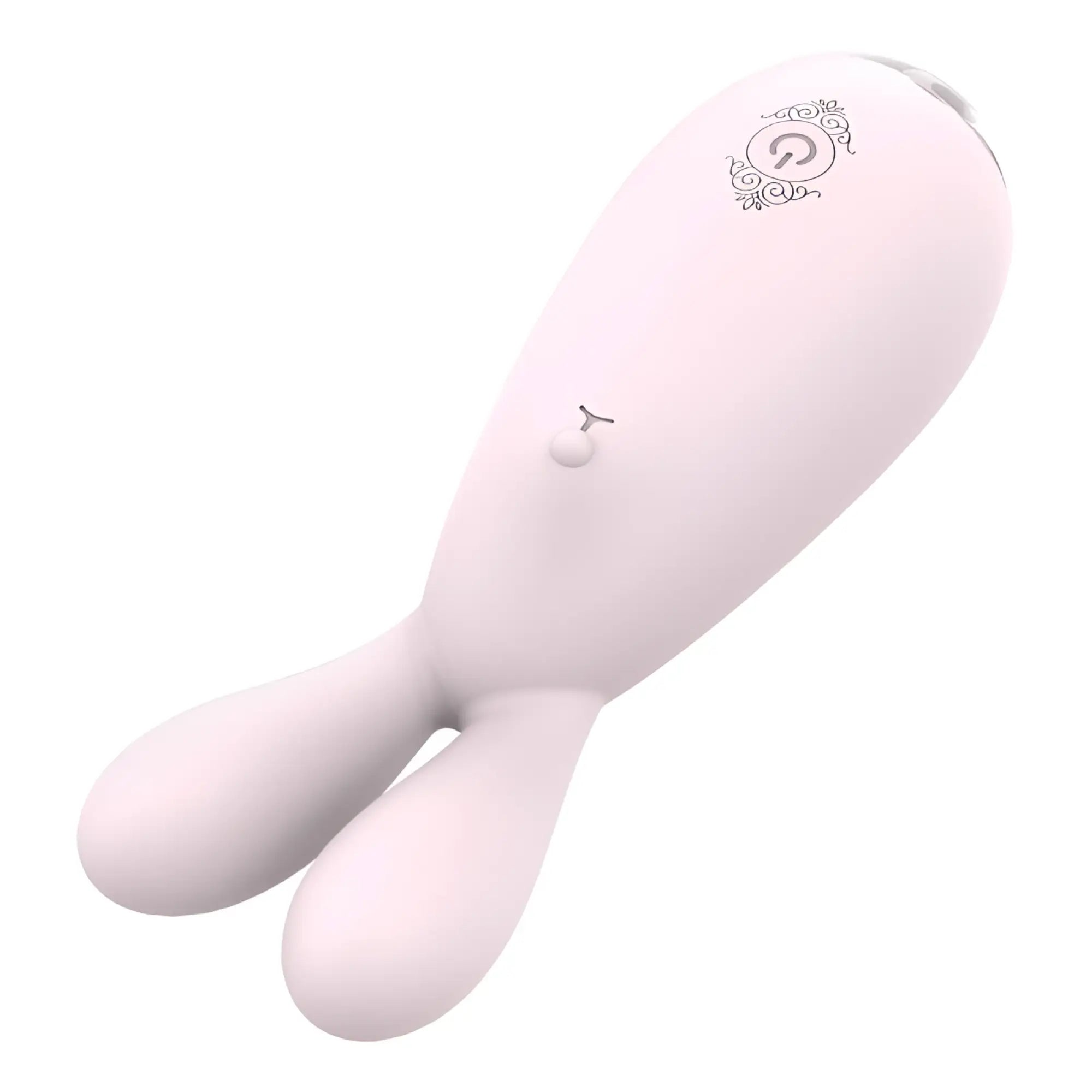 Pink silicone rabbit-shaped vibrator with power button and decorative emblem on the head s-hande reba massager orchid