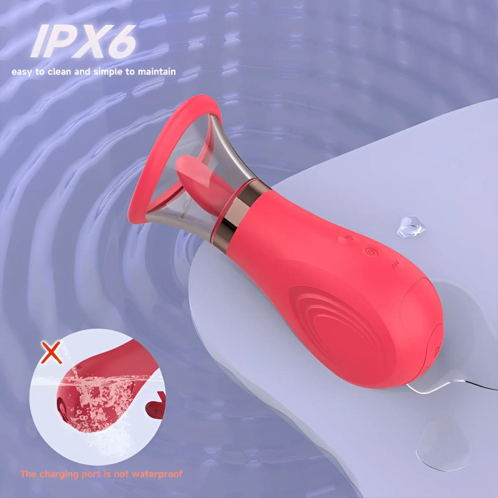 Red silicone and clear plastic waterproof vibrator with gold metallic accents for sucking licking and tickling stimulation