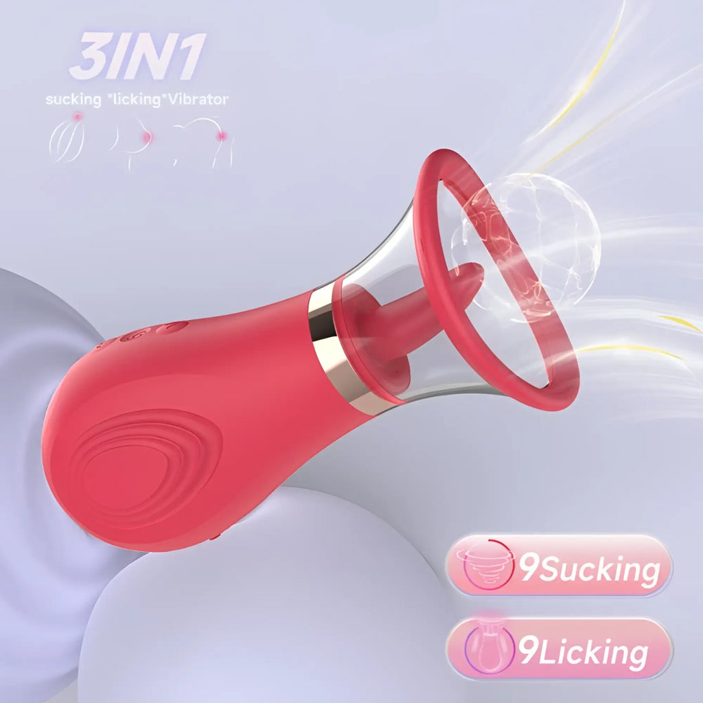 Red silicone S-Hande Sybil 3-in-1 sucking licking tickling stimulator with clear glass dome vibrator