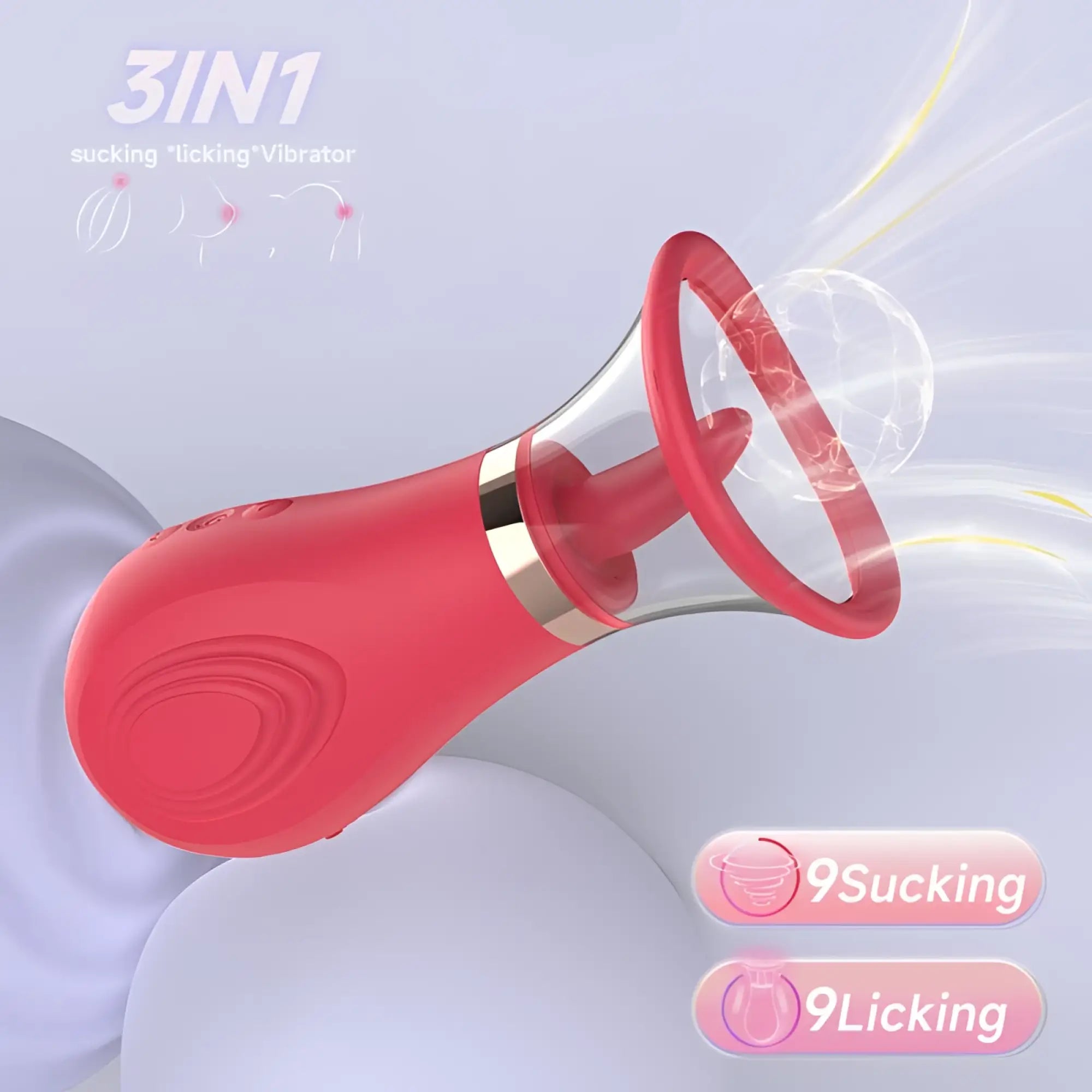 Red silicone S-Hande Sybil 3-in-1 sucking licking tickling stimulator with clear glass dome vibrator