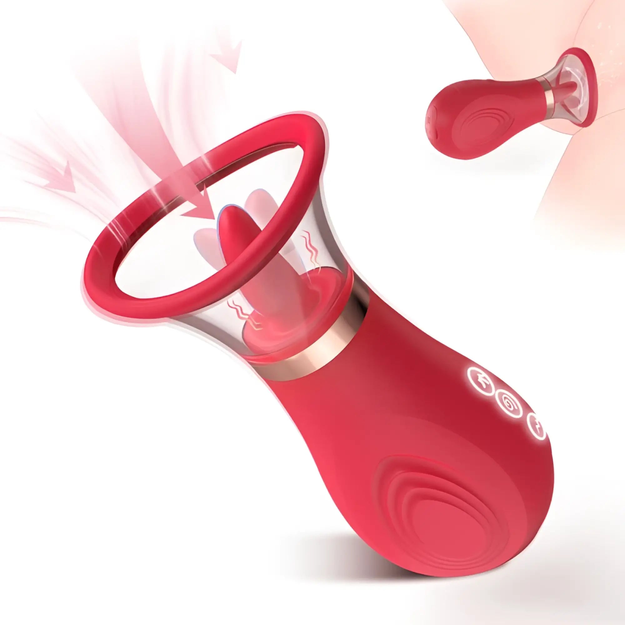 Red silicone suction device with clear glass chamber and metallic band from s-hande sybil 3-in-1 stimulator