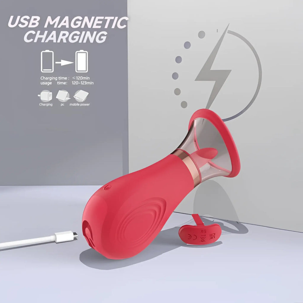 S-hande sybil 3-in-1 sucking licking tickling stimulator with red silicone suction cup and usb magnetic charging nozzle