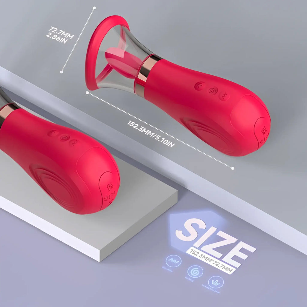 Red silicone suction cup device with clear glass chamber and rose gold accents from s-hande sybil 3-in-1 stimulator