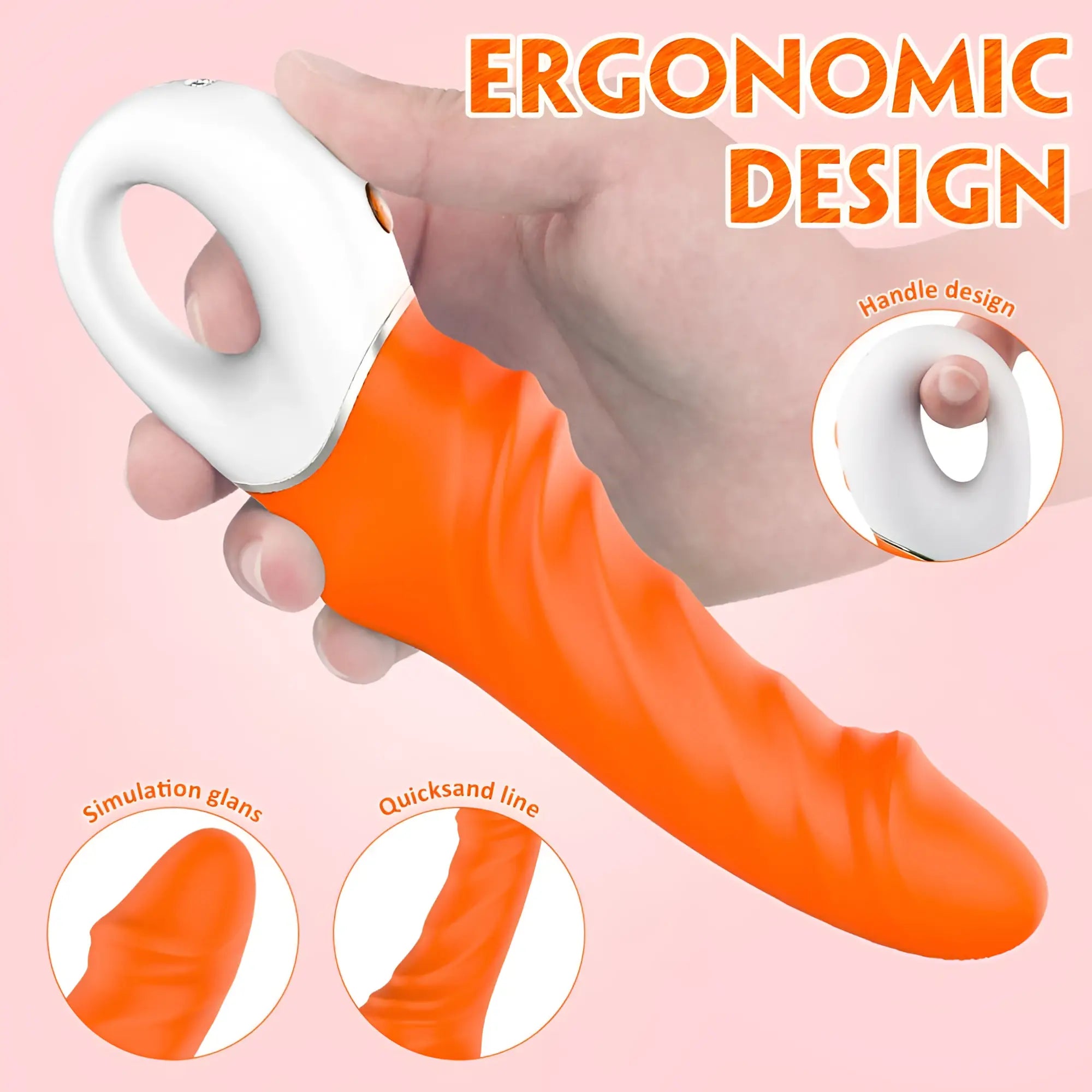 Bright orange silicone s-hande tornado g-spot toy with white ergonomic handle and silver trim for targeted stimulation