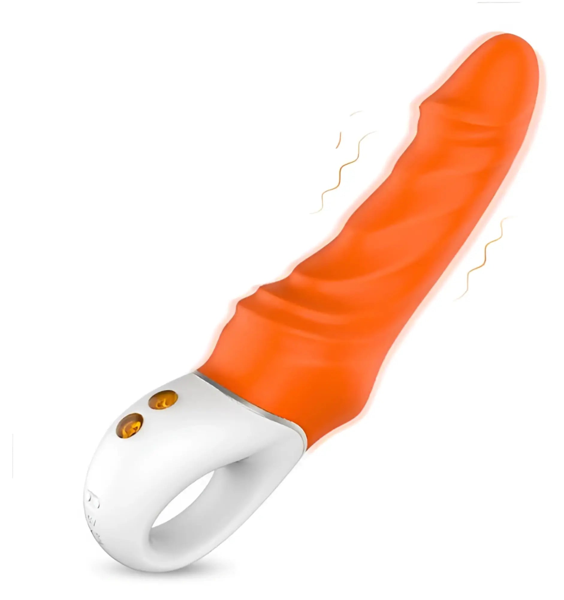 Orange silicone vibrating g-spot toy with white handle and two gold buttons s-hande tornado g-spot orange