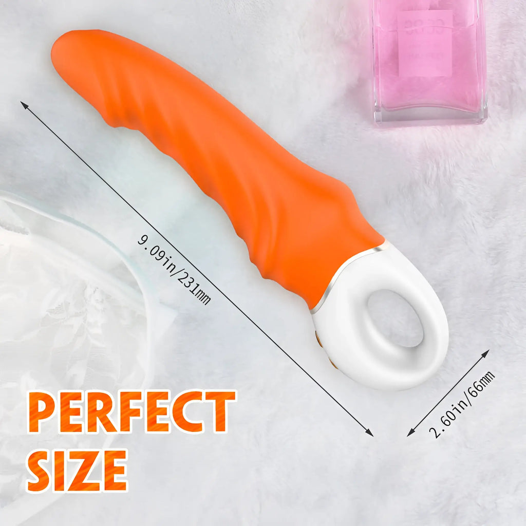 Orange and white silicone vibratory wand with looped handle s-hande tornado g-spot for targeted stimulation