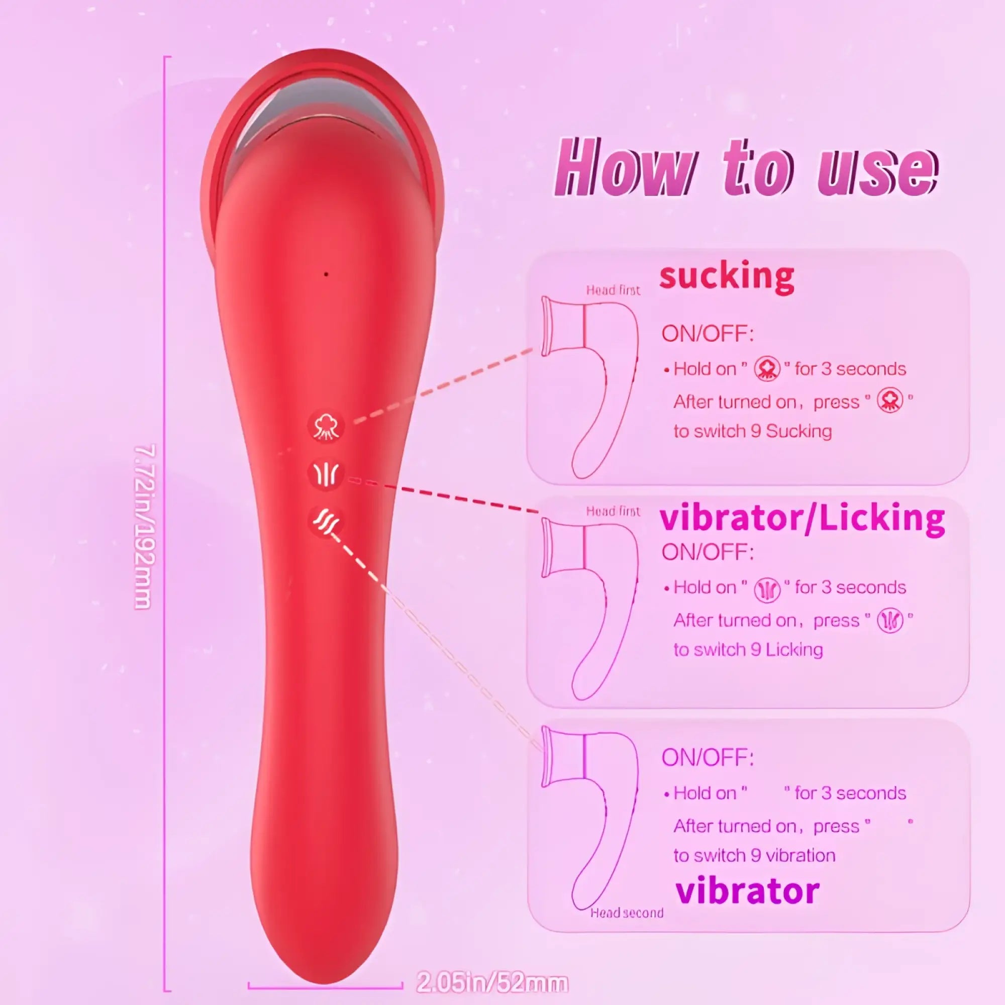 Red silicone s-hande trumpet 3-in-1 vaginal stimulator with sucking licking and vibrating modes
