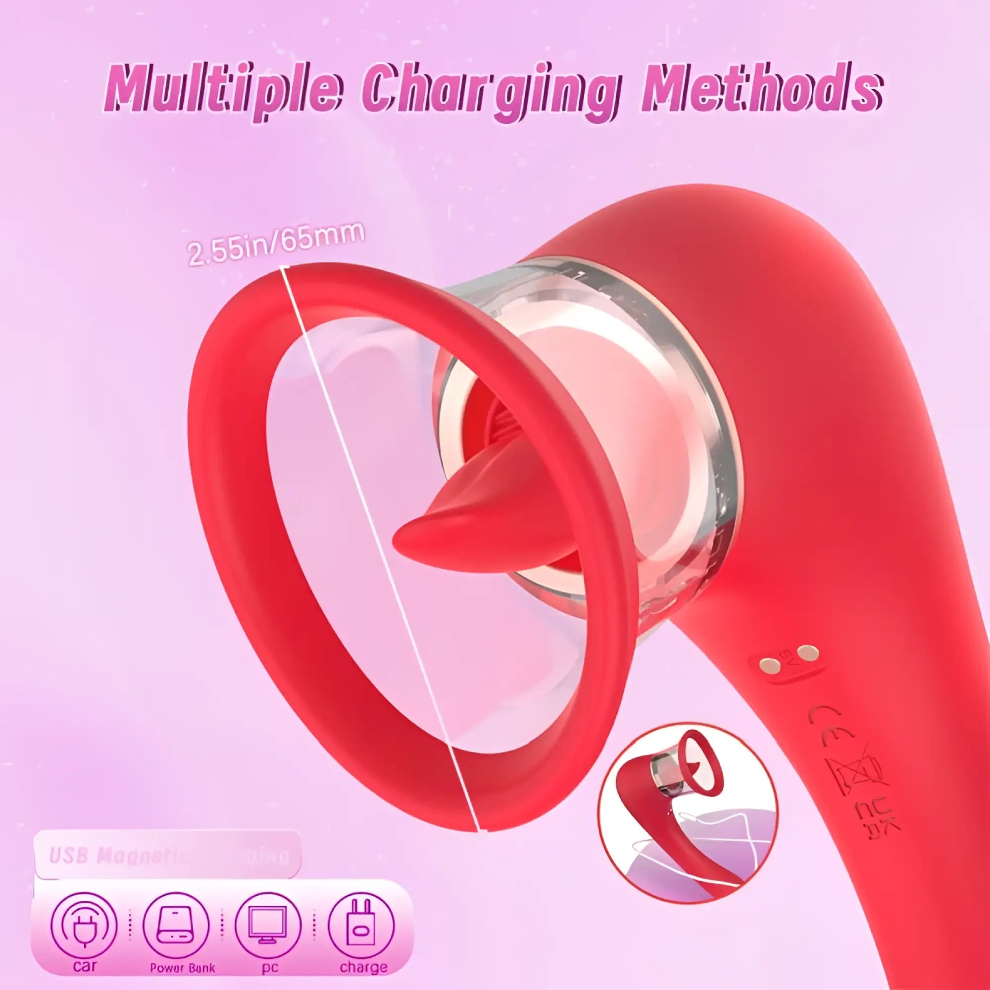 Red silicone shande trumpet 3-in-1 sucking licking vibrating vaginal stimulator with clear base and metallic ring