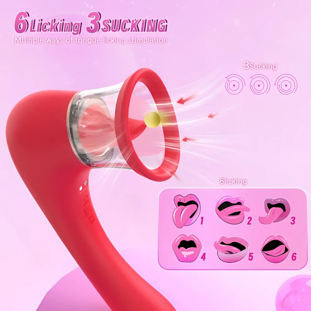 Red silicone S-Hande Trumpet vaginal stimulator with clear plastic head, yellow component, and six licking positions