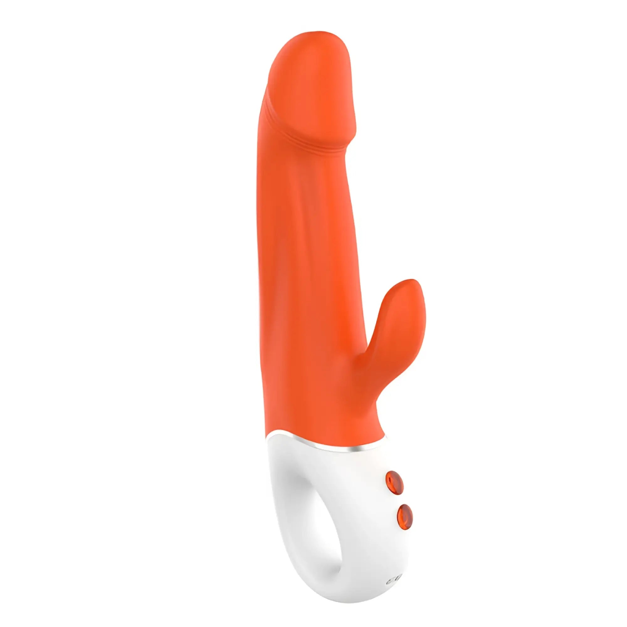Orange silicone rabbit-shaped vibrator with white handle and two orange buttons from shande wave rabbit orange collection