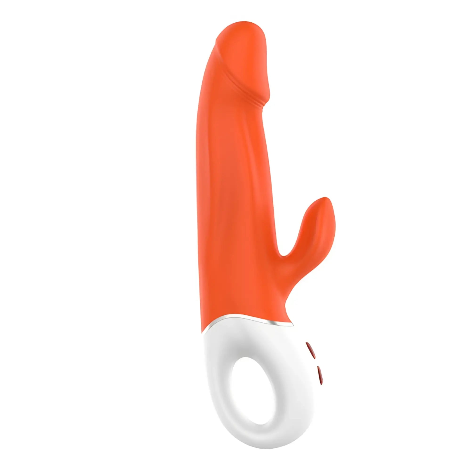 Vibrant orange silicone s-hande wave rabbit vibrator with white ergonomic handle and control buttons