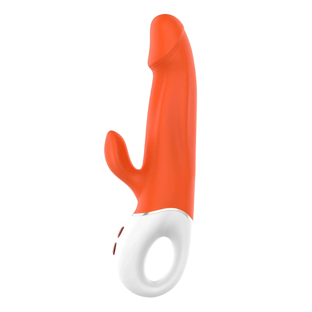Vibrant orange silicone s-hande wave rabbit vibrator with white ergonomic handle and control buttons for personal use