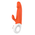 Vibrant orange silicone s-hande wave rabbit vibrator with white ergonomic handle and control buttons for personal use
