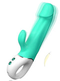 Teal and white silicone rabbit-shaped vibrator with three green control buttons on the base s-hande wave rabbit teal