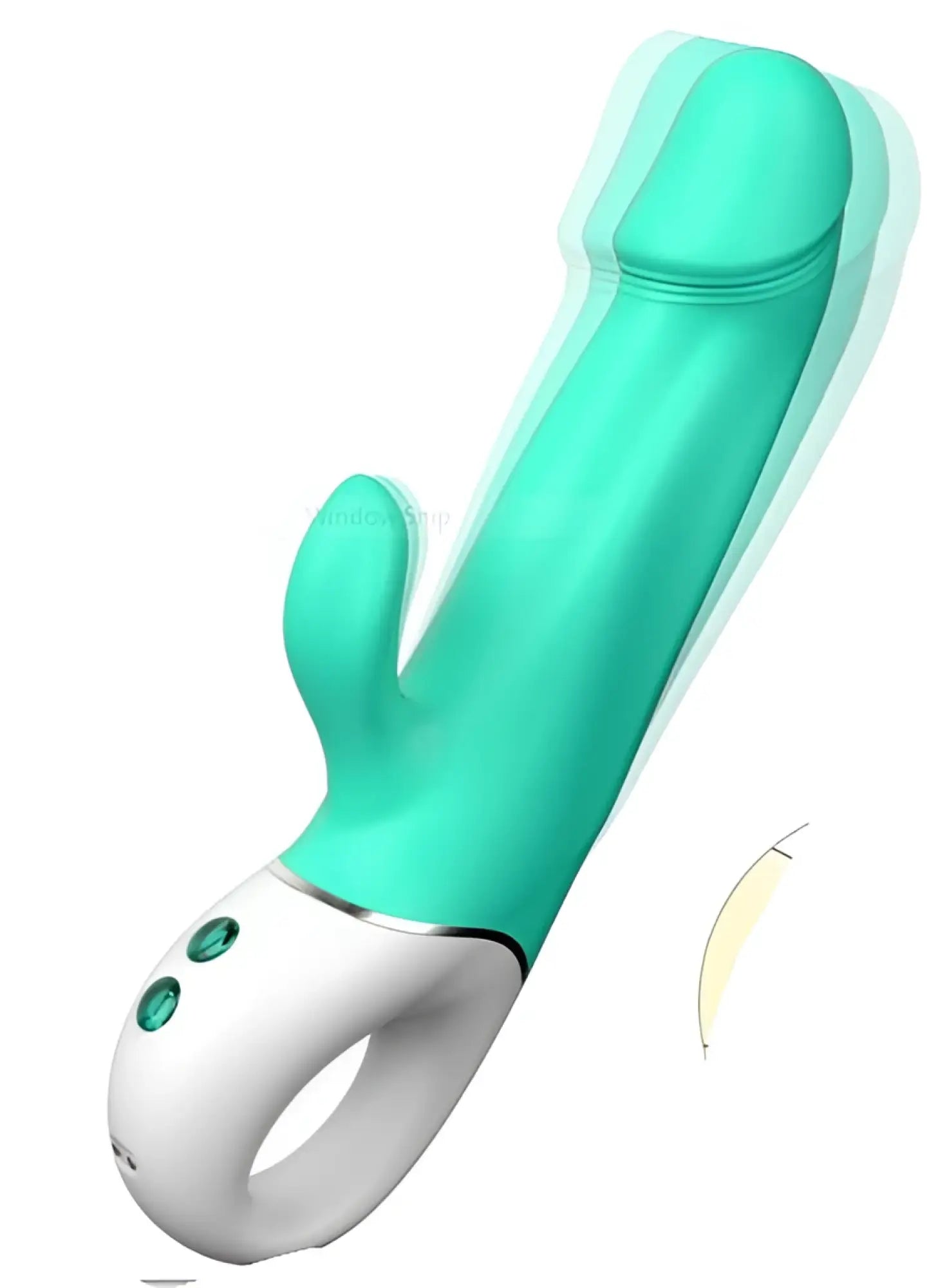 Teal and white silicone rabbit-shaped vibrator with three green control buttons on the base s-hande wave rabbit teal