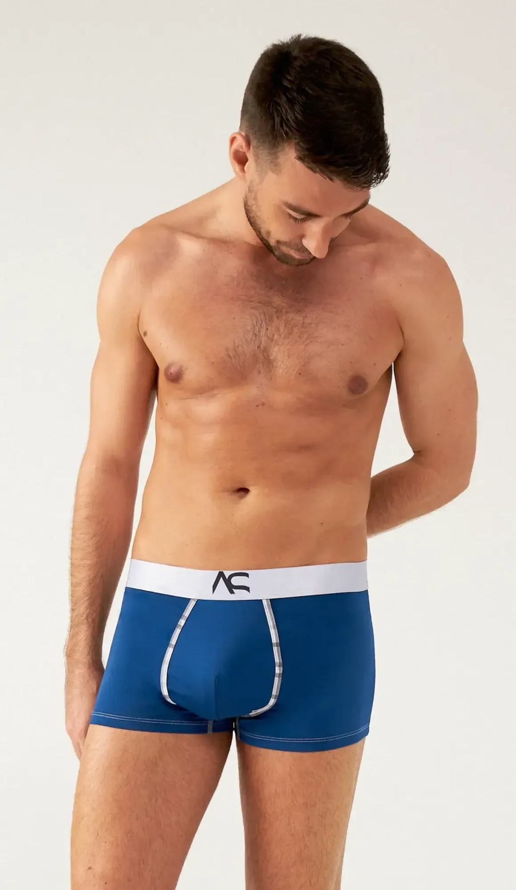 Saltire boxer briefs are blue menâs boxer briefs with a white ac logo waistband and silver stitching on leg openings