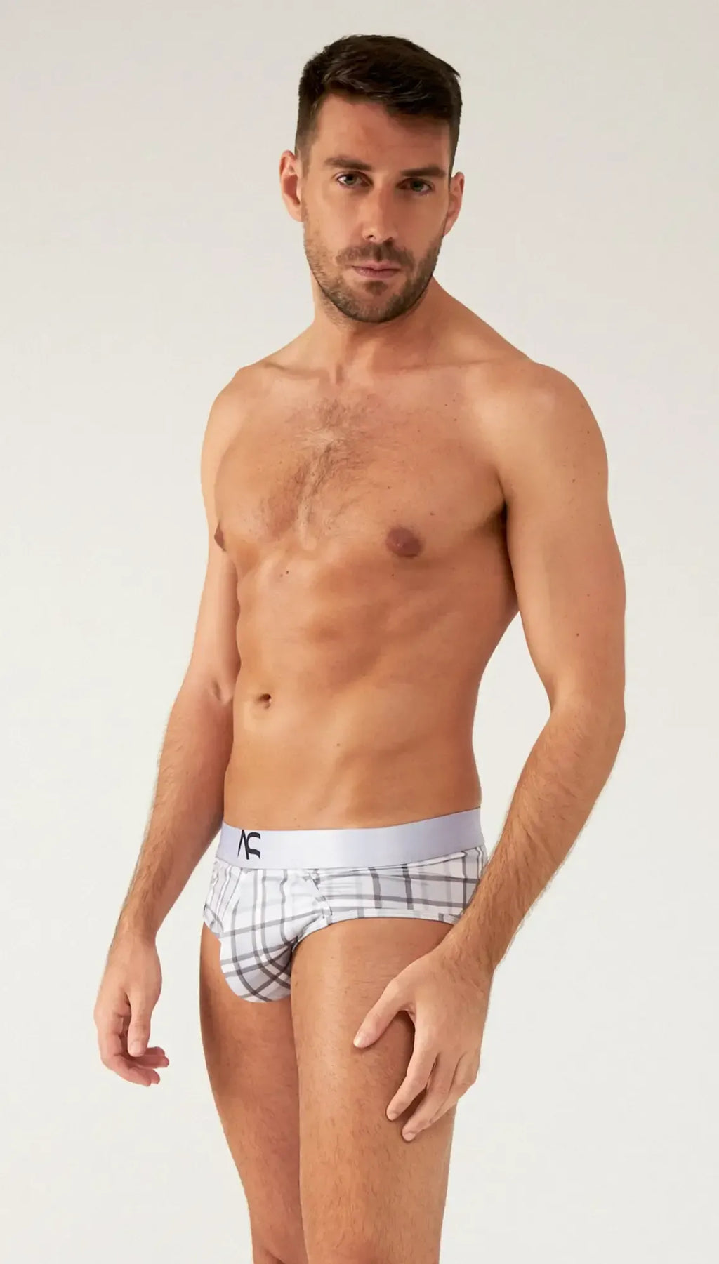 Saltire briefs featuring white and gray plaid fabric with a light gray elastic waistband and ac logo
