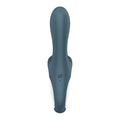 A sleek matte dark blue silicone Satisfyer Air Pump Booty 2 ergonomic toy with sf logo embossed near its base