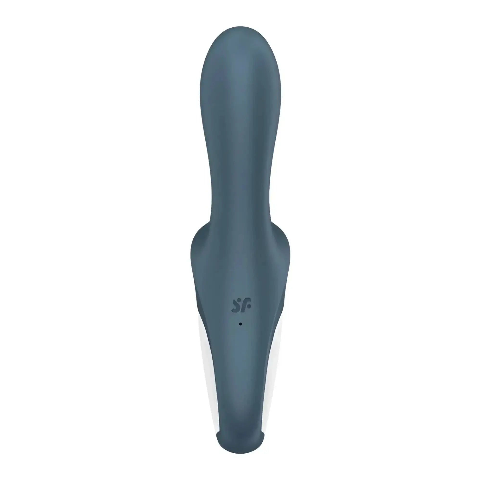 A sleek matte dark blue silicone Satisfyer Air Pump Booty 2 ergonomic toy with sf logo embossed near its base
