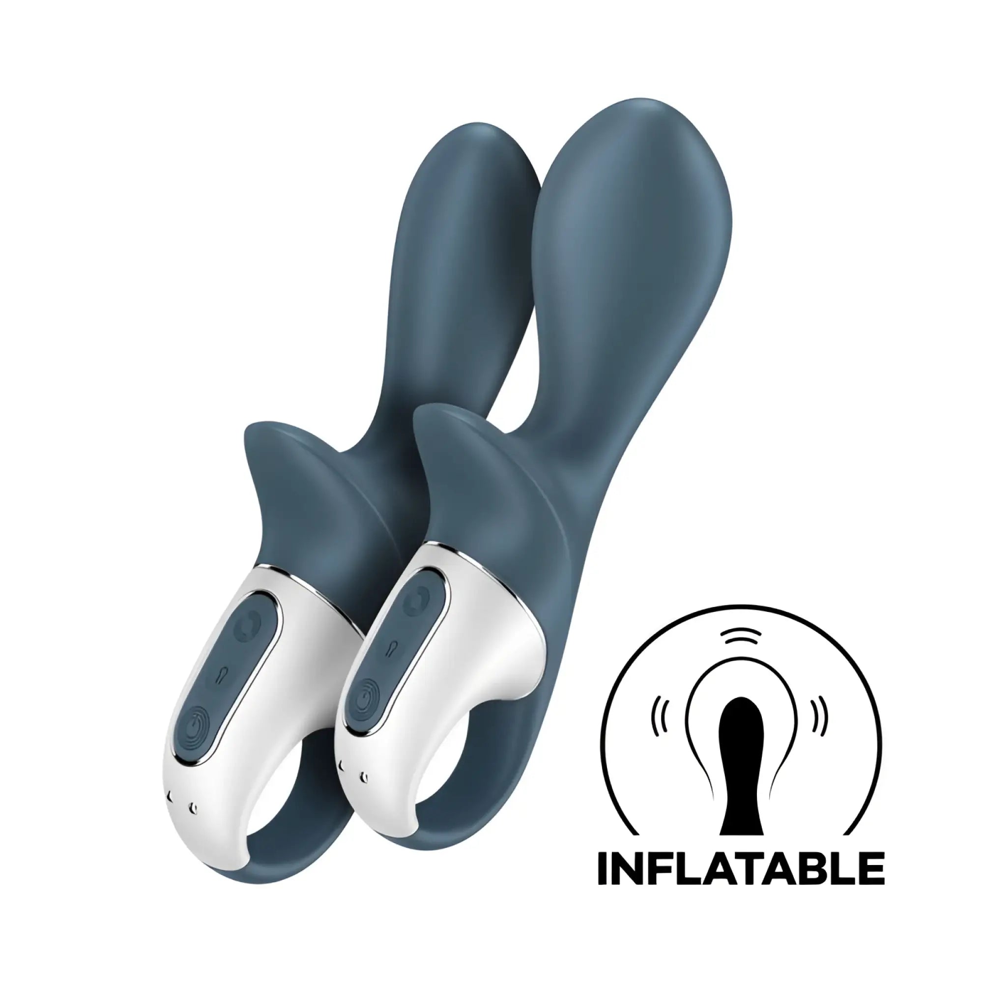 Inflatable blue and white dual-headed adult toy with control buttons for air pump stimulation by satisfyer