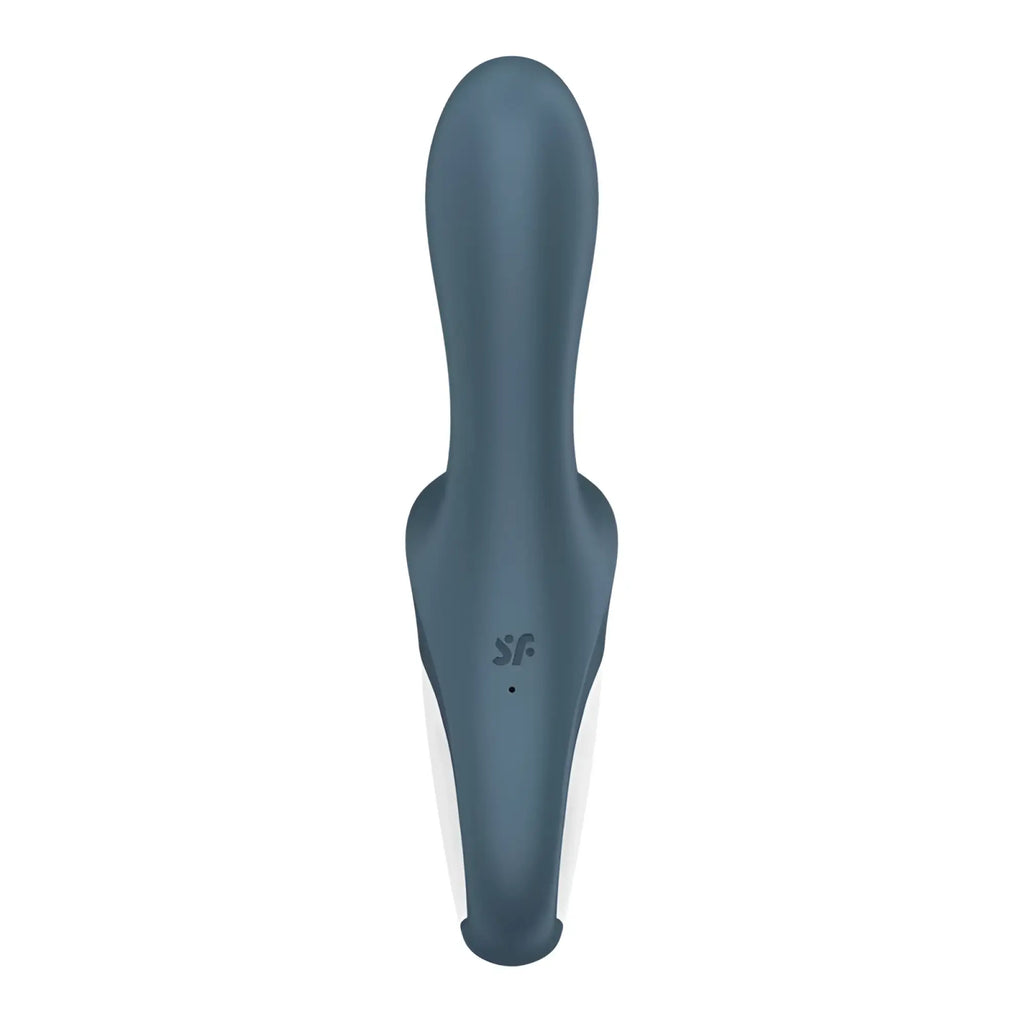 A sleek matte dark blue silicone Satisfyer Air Pump Booty 2 ergonomic toy with sf logo embossed near its base