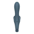 A sleek matte dark blue silicone Satisfyer Air Pump Booty 2 ergonomic toy with sf logo embossed near its base