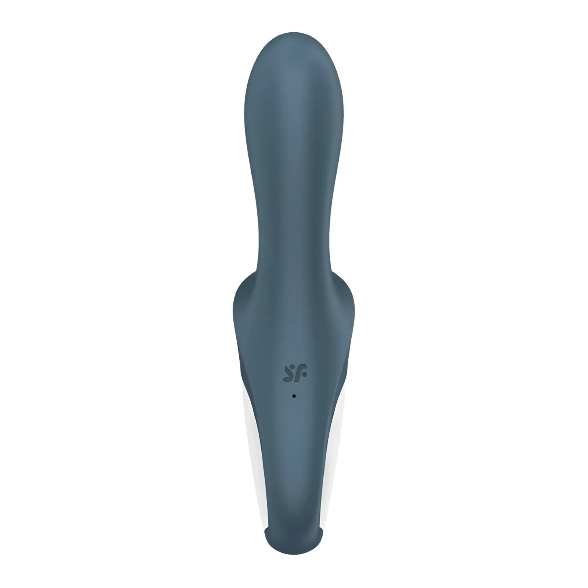A sleek matte dark blue silicone Satisfyer Air Pump Booty 2 ergonomic toy with sf logo embossed near its base