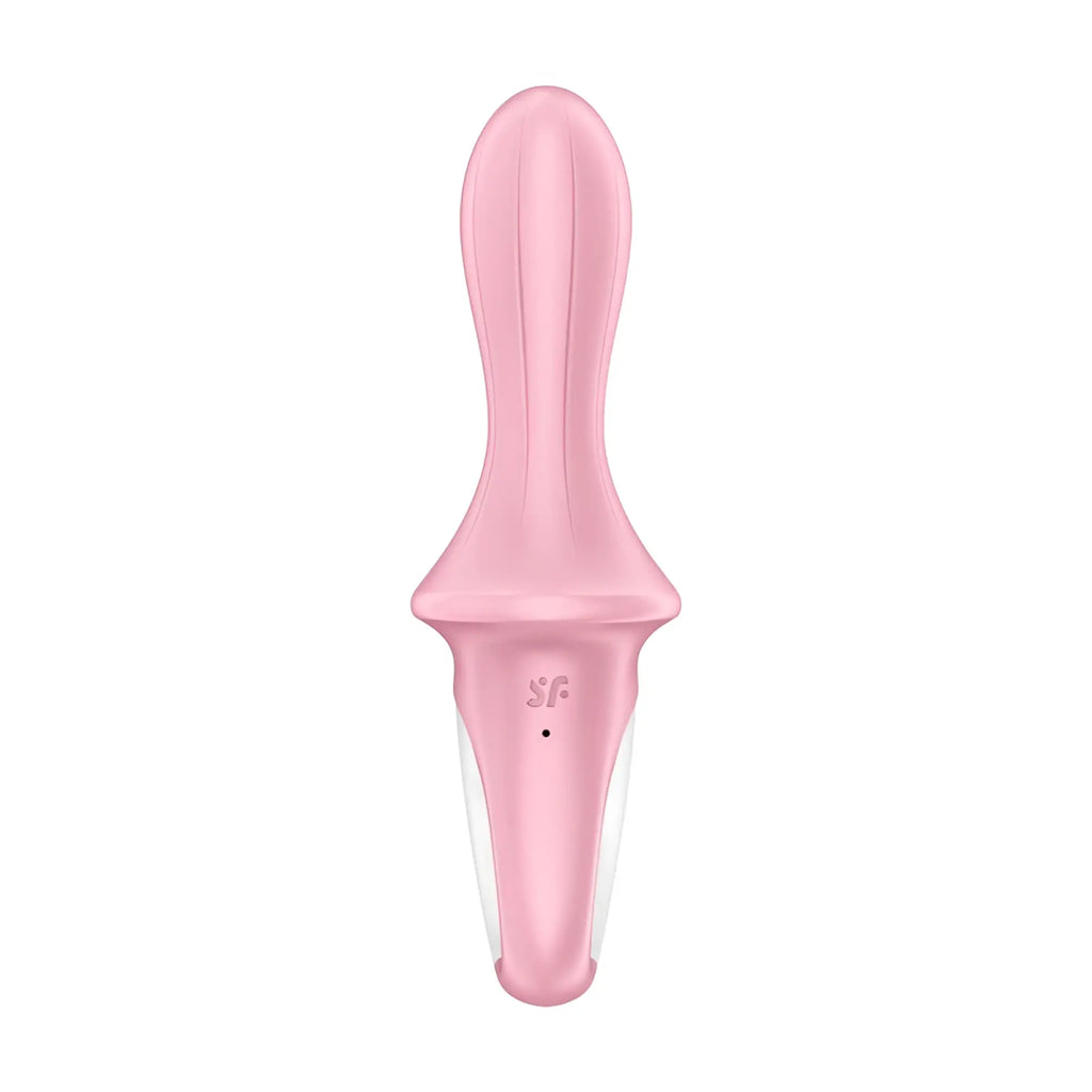 Pink silicone-handled vaginal dilator with clear plastic base and sf logo from satisfyer air pump booty 5+ red