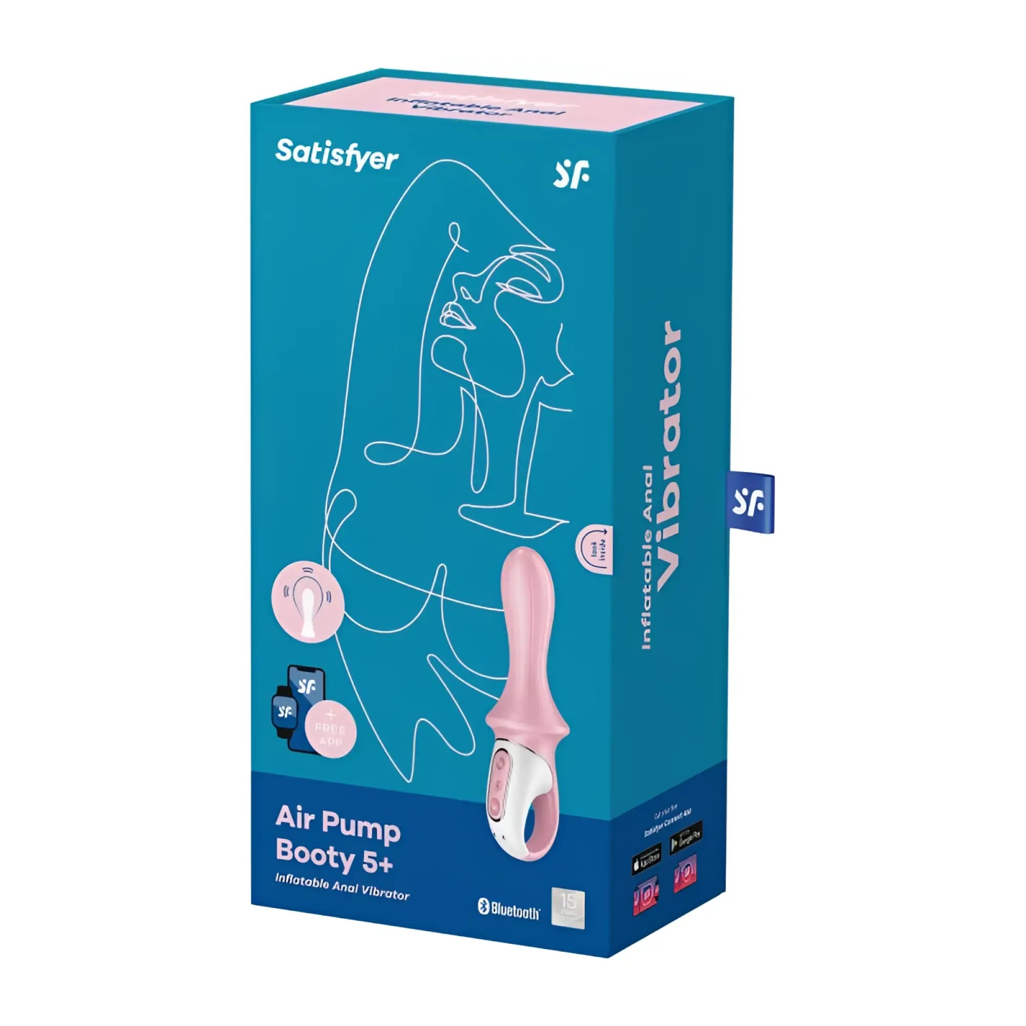 Satisfyer air pump booty 5+ inflatable anal vibrator in pink and white with branded packaging for red use