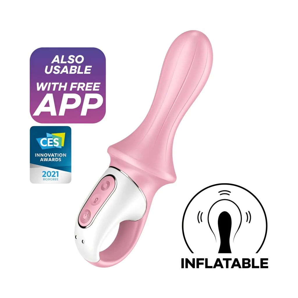 Pink and white inflatable adult toy satisfyer air pump booty 5+ red with ergonomic handle and control buttons