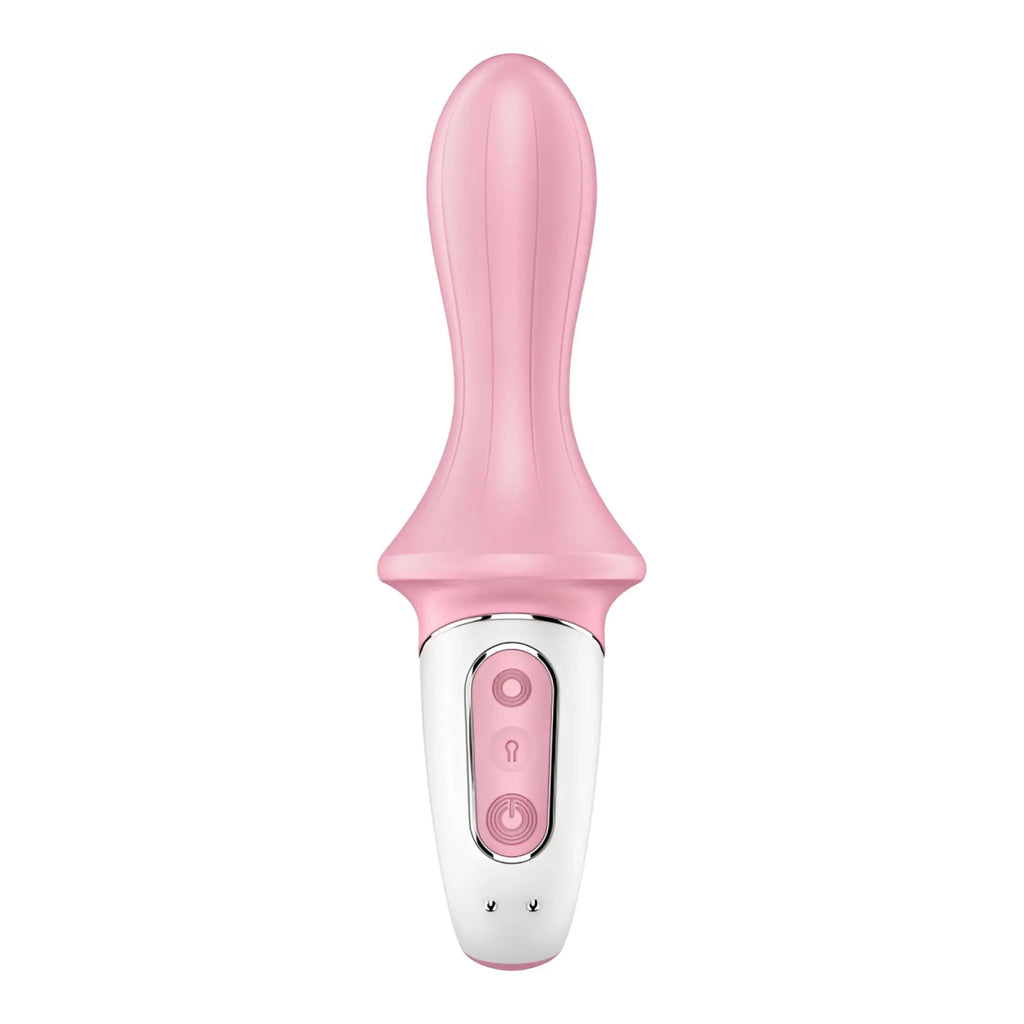 Satisfyer air pump booty 5 plus red personal pleasure device with pink and white silicone handles and ergonomic design