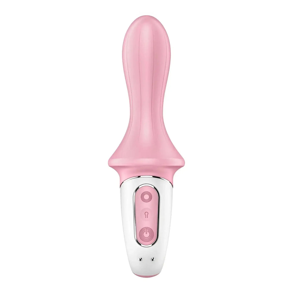 Satisfyer air pump booty 5 plus red personal pleasure device with pink and white silicone handles and ergonomic design