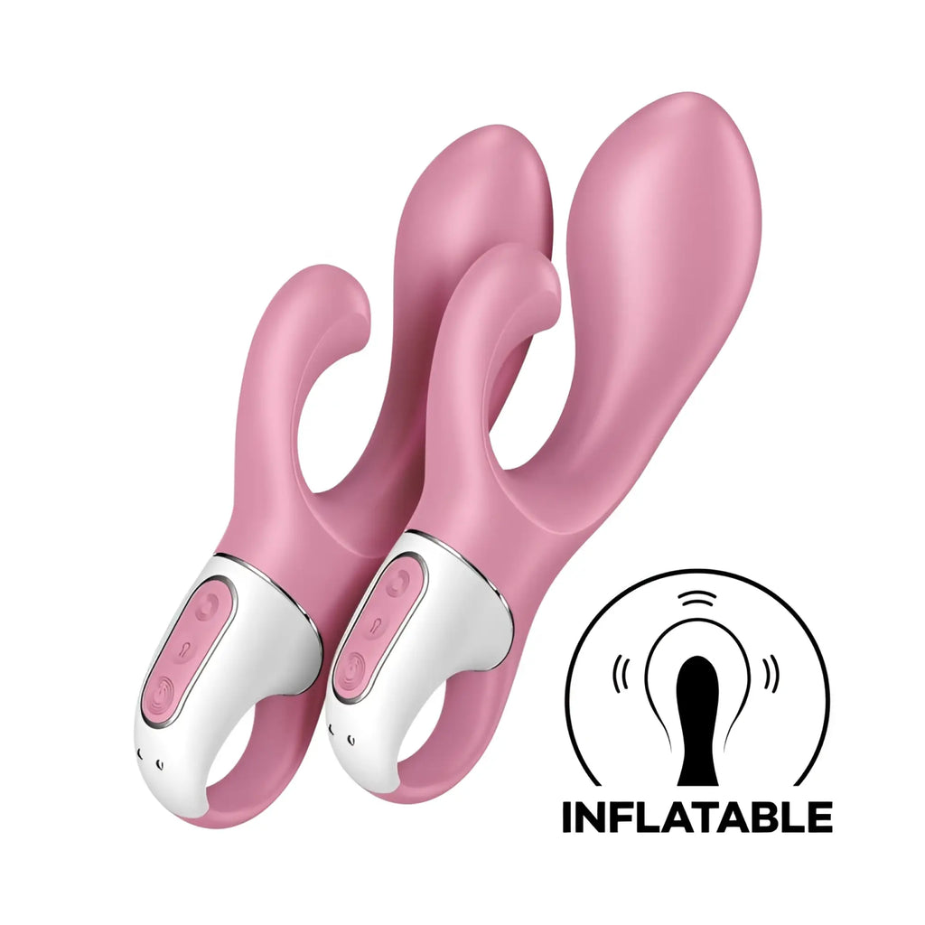 Pink inflatable rabbit-shaped vibrator with white control panel and silver accents from satisfyer air pump bunny 2 pink