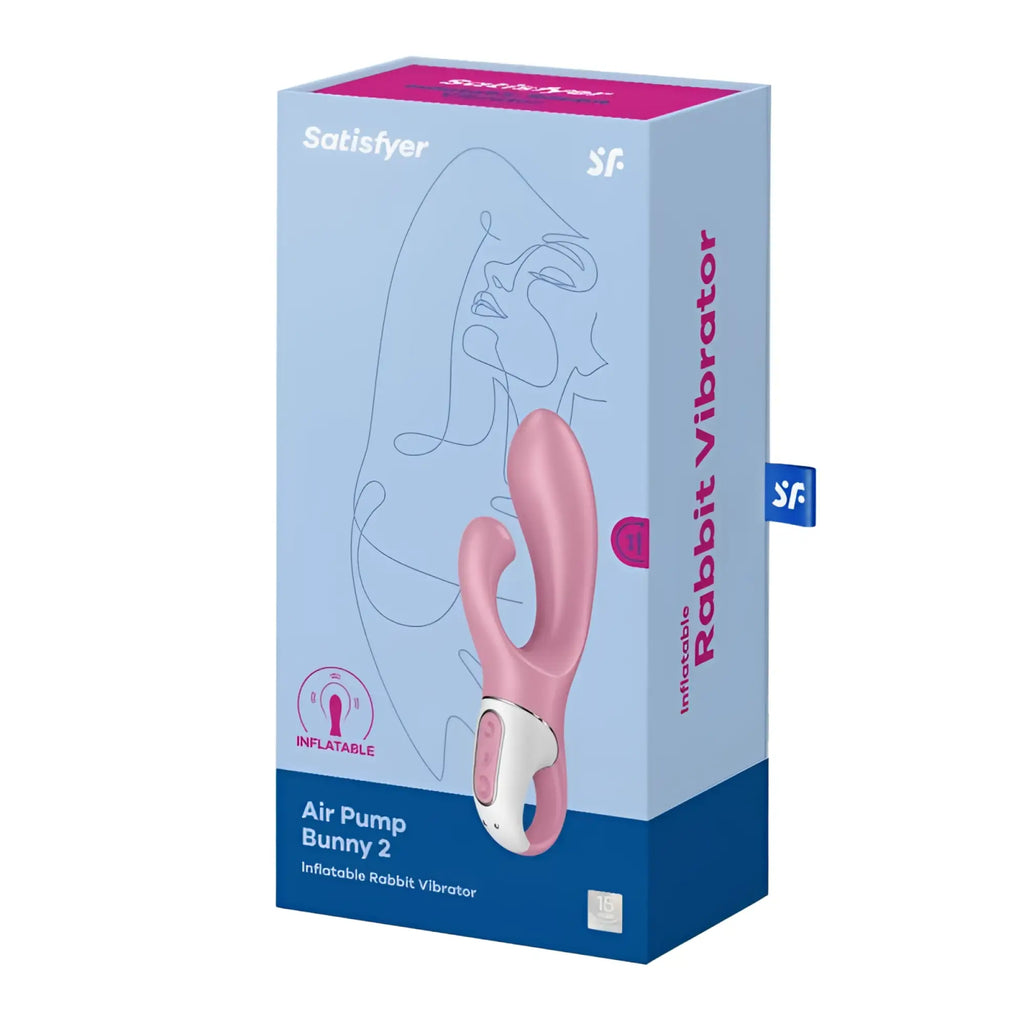 Pink and white inflatable rabbit vibrator with sleek ergonomic design from satisfyer satisfyer air pump bunny 2 pink
