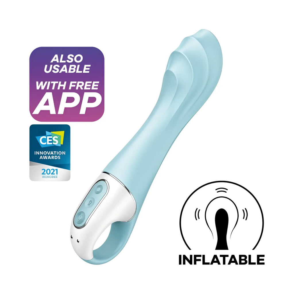 Light blue inflatable satisfyer air pump vibrator 5 plus with white control panel and silver accents for adult use