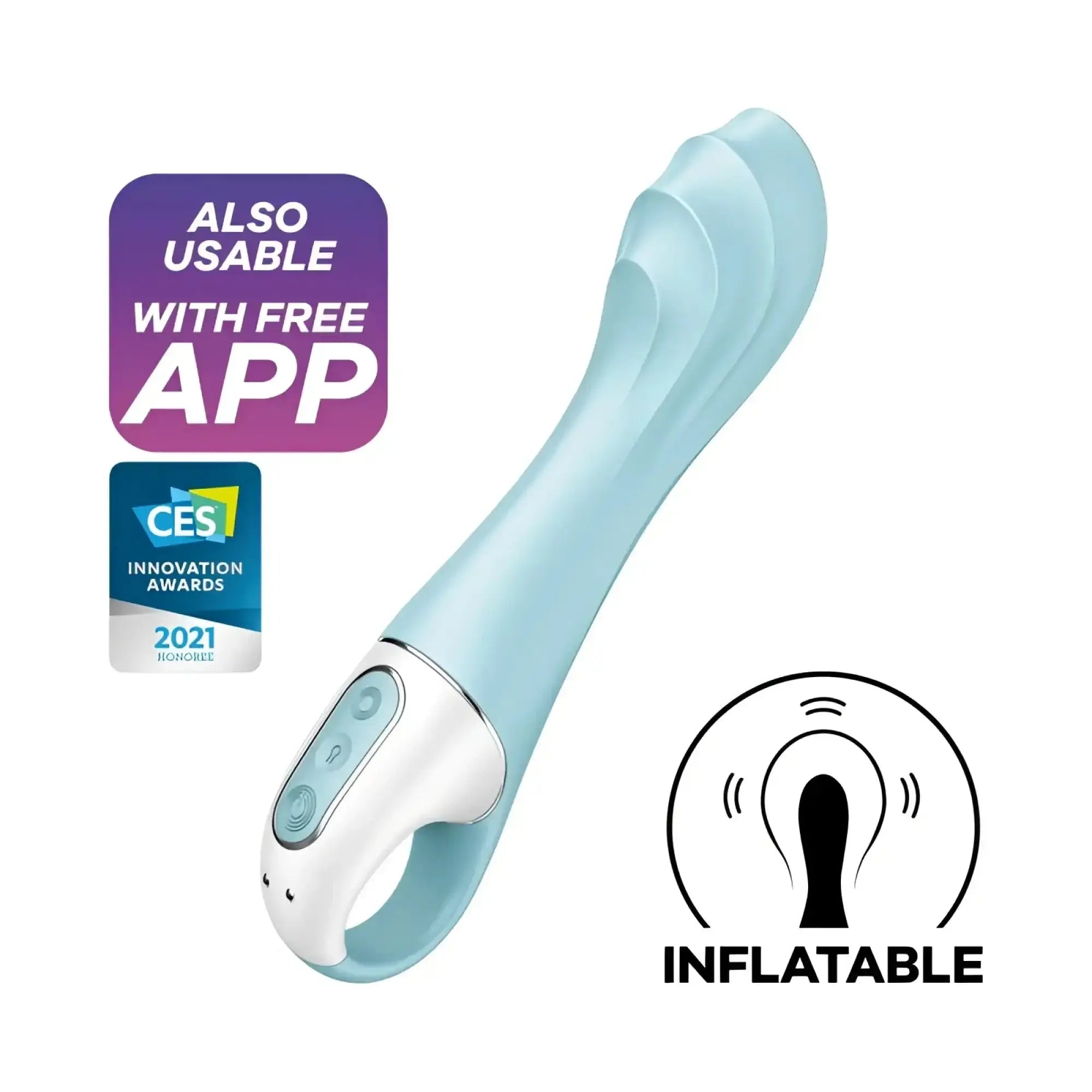 Light blue inflatable satisfyer air pump vibrator 5 plus with white control panel and silver accents for adult use
