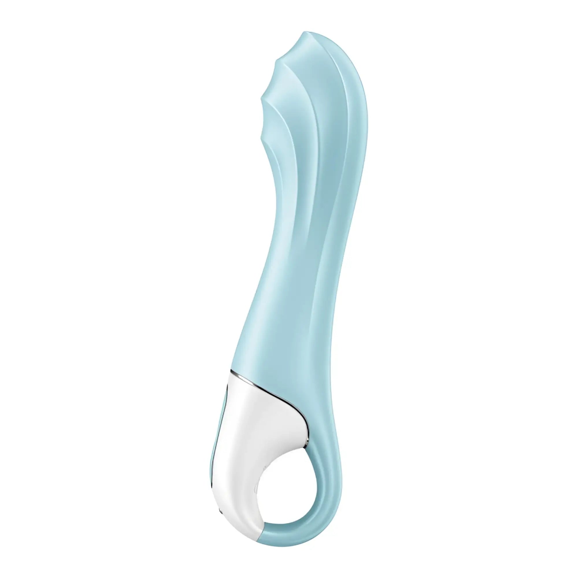 Satisfyer Air Pump Vibrator 5 plus blue made of sleek light blue silicone with white ergonomic grip and silver trim