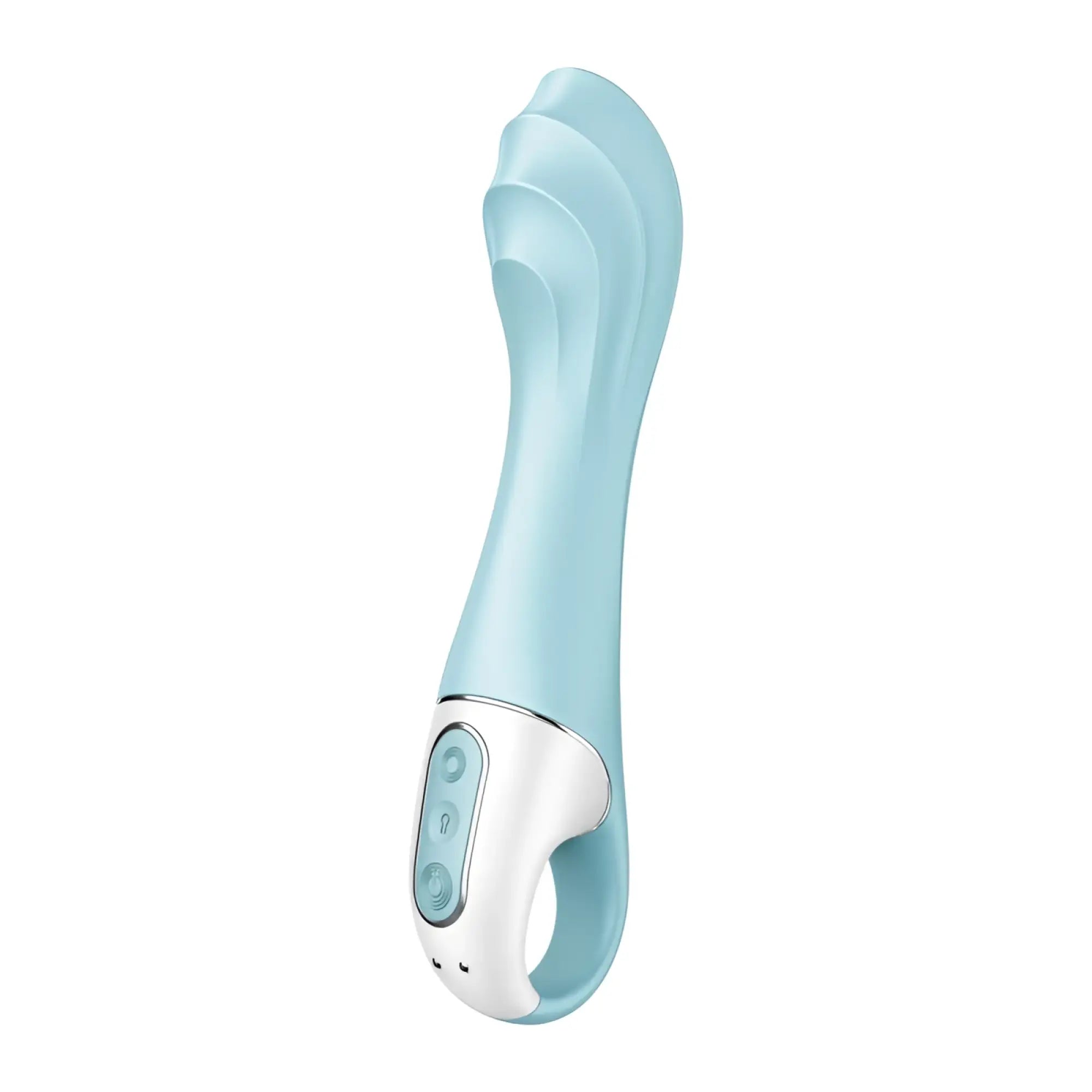 A sleek light blue and white silicone vibrato wand with curved ergonomic design from satisfyer air pump vibrator 5 plus blue