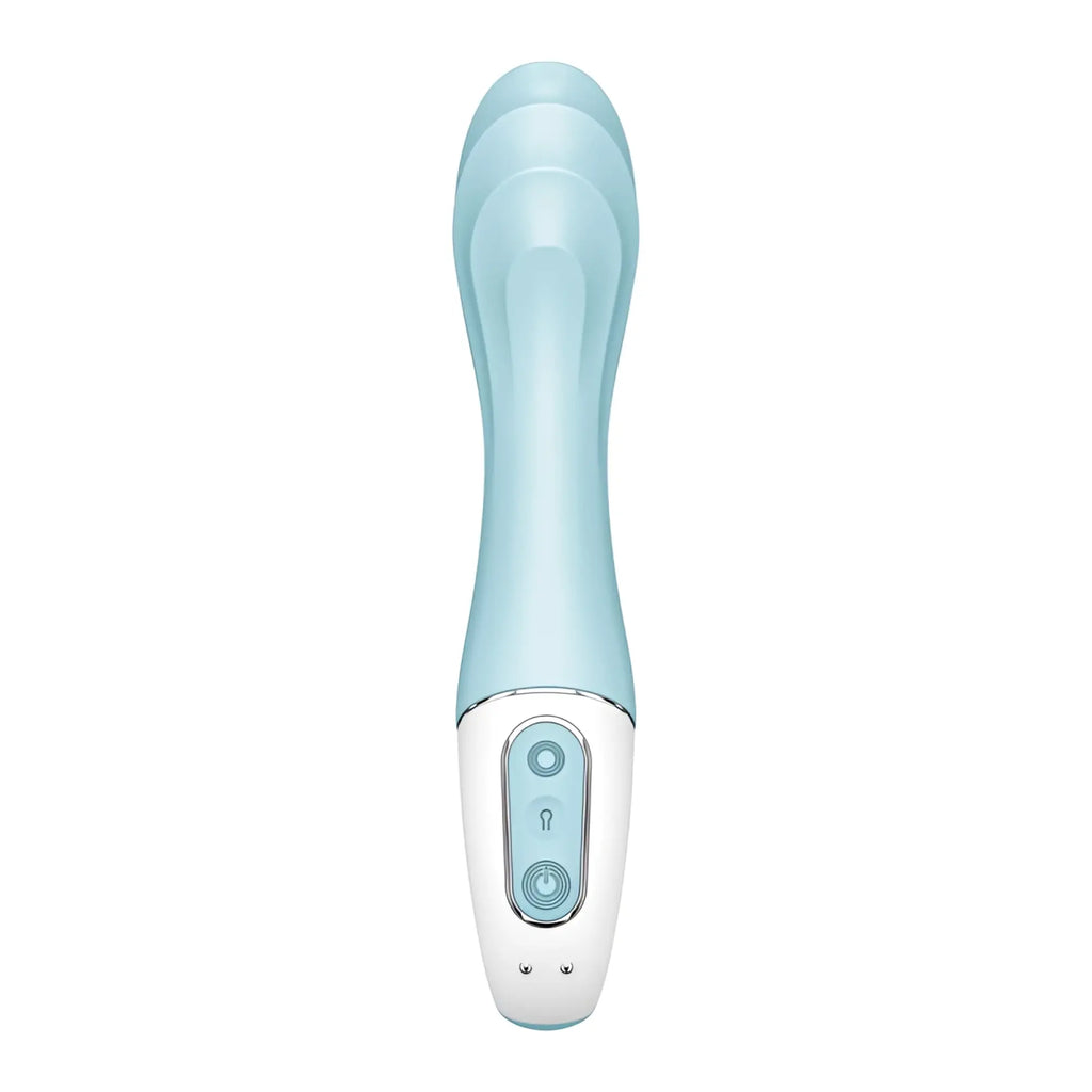 Satisfyer air pump vibrator 5 plus blue with a sleek light blue and white silicone handle and ergonomic vibrating wand design