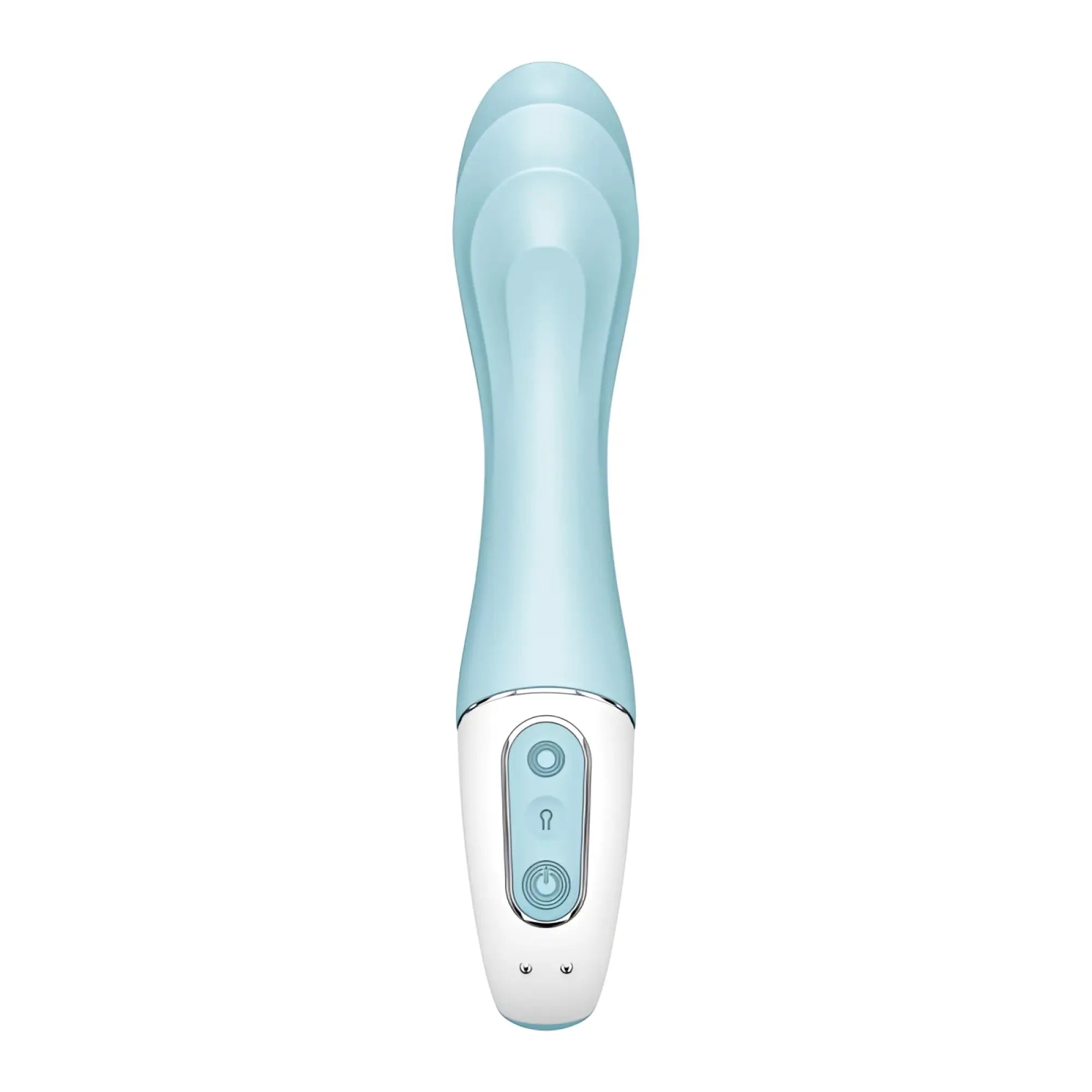 Satisfyer air pump vibrator 5 plus blue with a sleek light blue and white silicone handle and ergonomic vibrating wand design