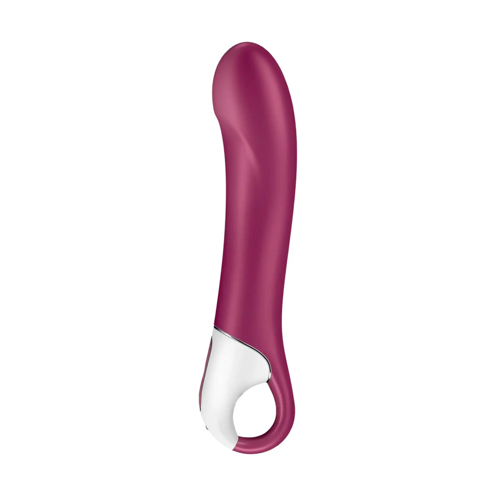 A sleek magenta satisfyer big heat warming g-spot vibrator with smooth curved design and white ergonomic grip