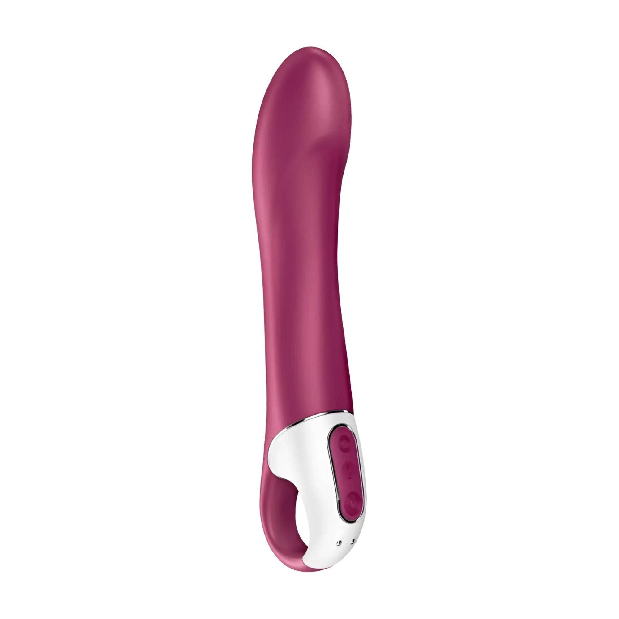 A sleek magenta satisfyer big heat warming g-spot vibrator with smooth curved design and white control panel at the base