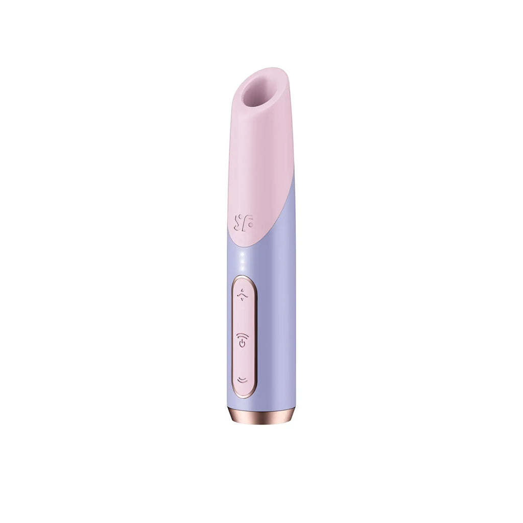 Satisfyer bold kiss sleek lavender and pink silicone personal pleasure device with rose gold accent at the base