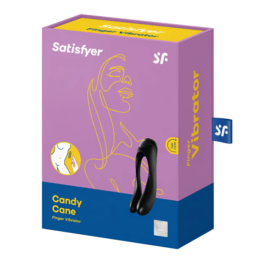 Black satisfyer candy cane finger vibrator in purple and blue packaging for personal pleasure use