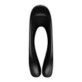 Black sleek glossy plastic adult toy satisfyer candy cane finger vibe with smooth curved design and two rounded ends