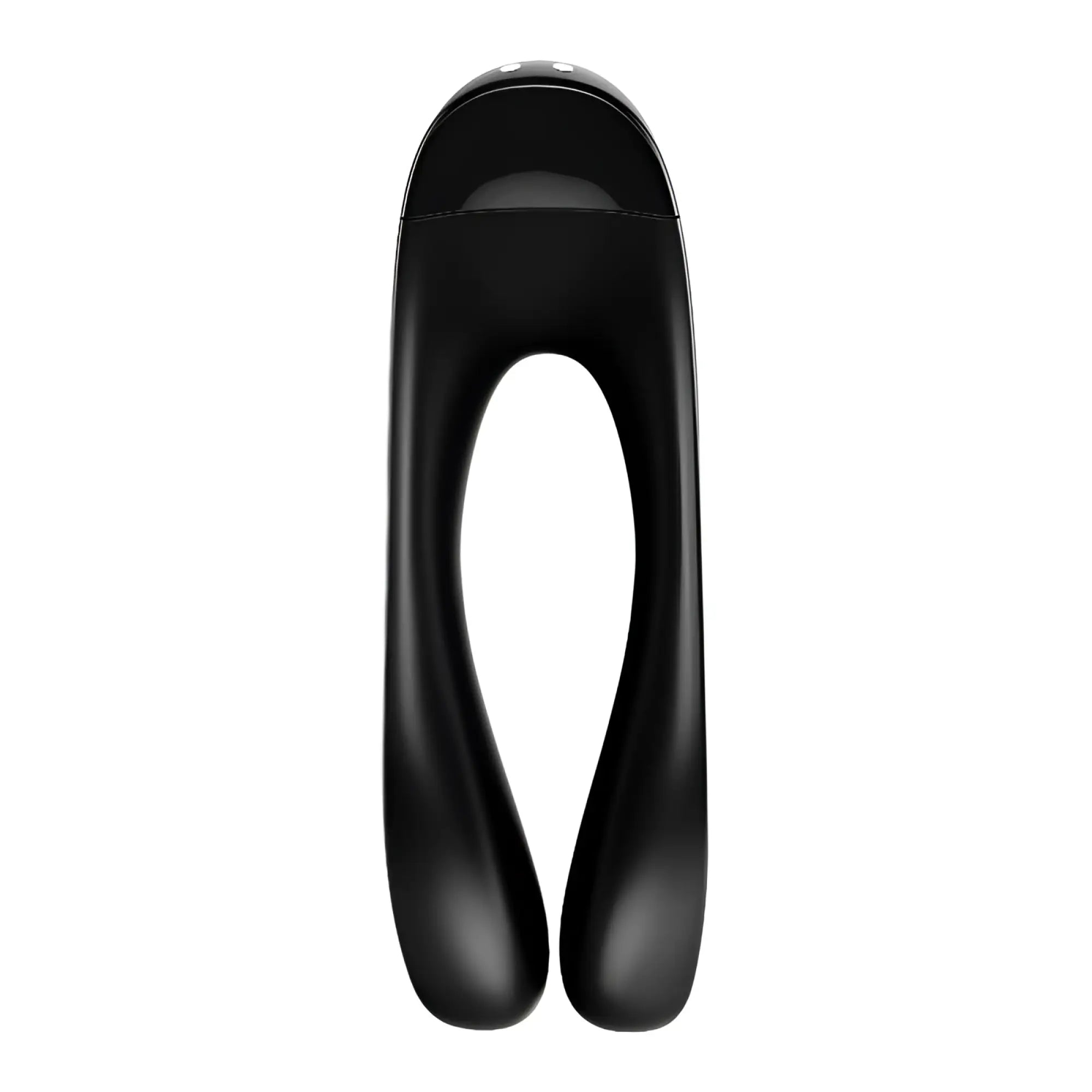 Black sleek glossy plastic adult toy satisfyer candy cane finger vibe with smooth curved design and two rounded ends