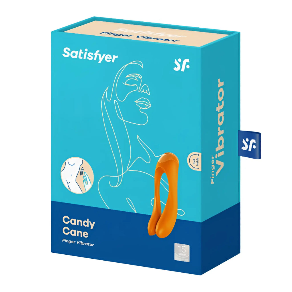 Satisfyer candy cane finger vibrator in orange silicone shown inside a blue Satisfyer branded box