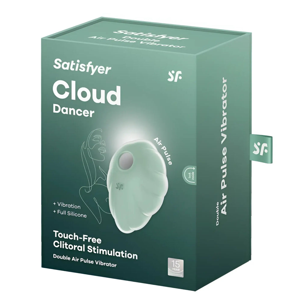 Satisfyer cloud dancer mint is a mint green silicone double air pulse vibrator with a smooth cloud-like design