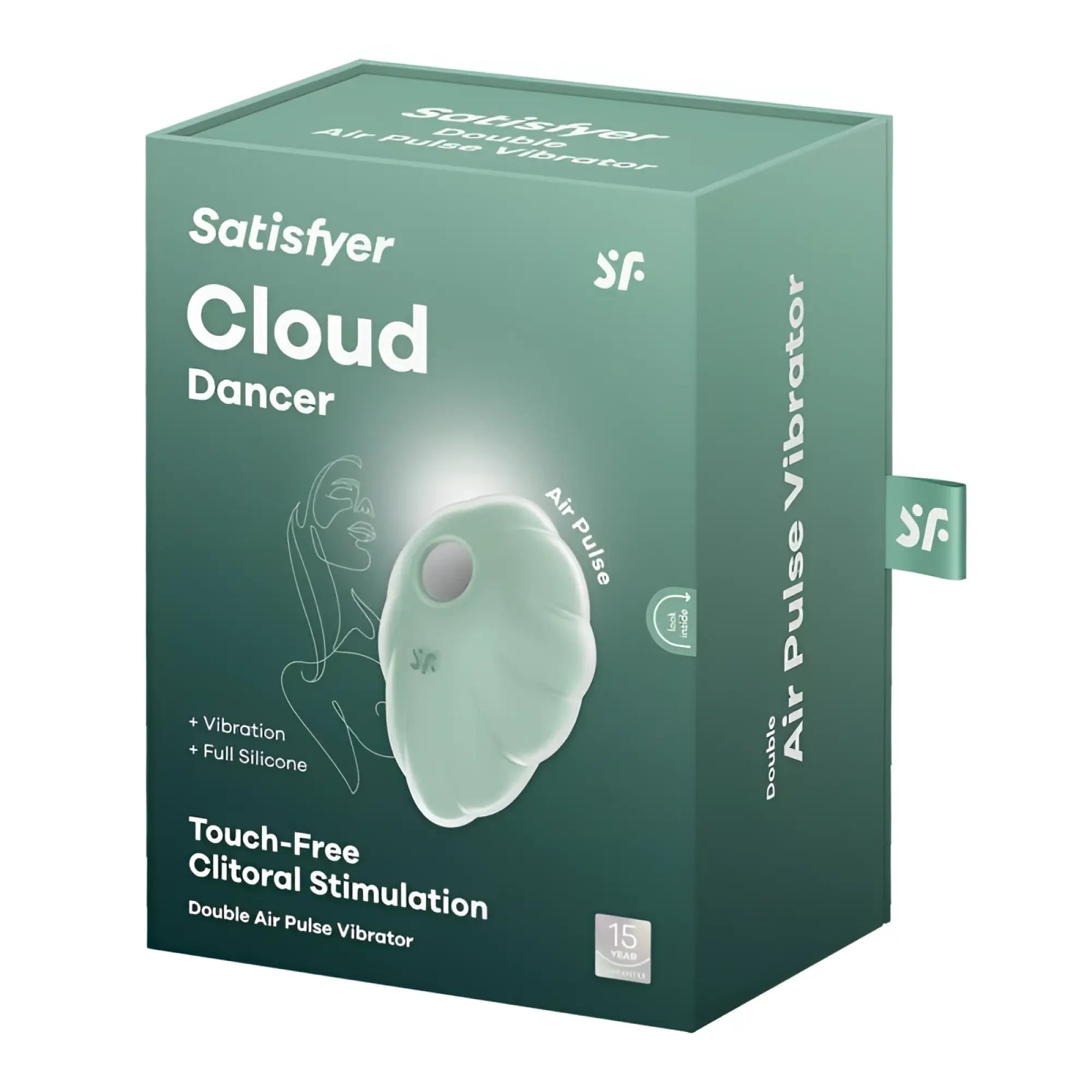 Satisfyer cloud dancer mint is a mint green silicone double air pulse vibrator with a smooth cloud-like design