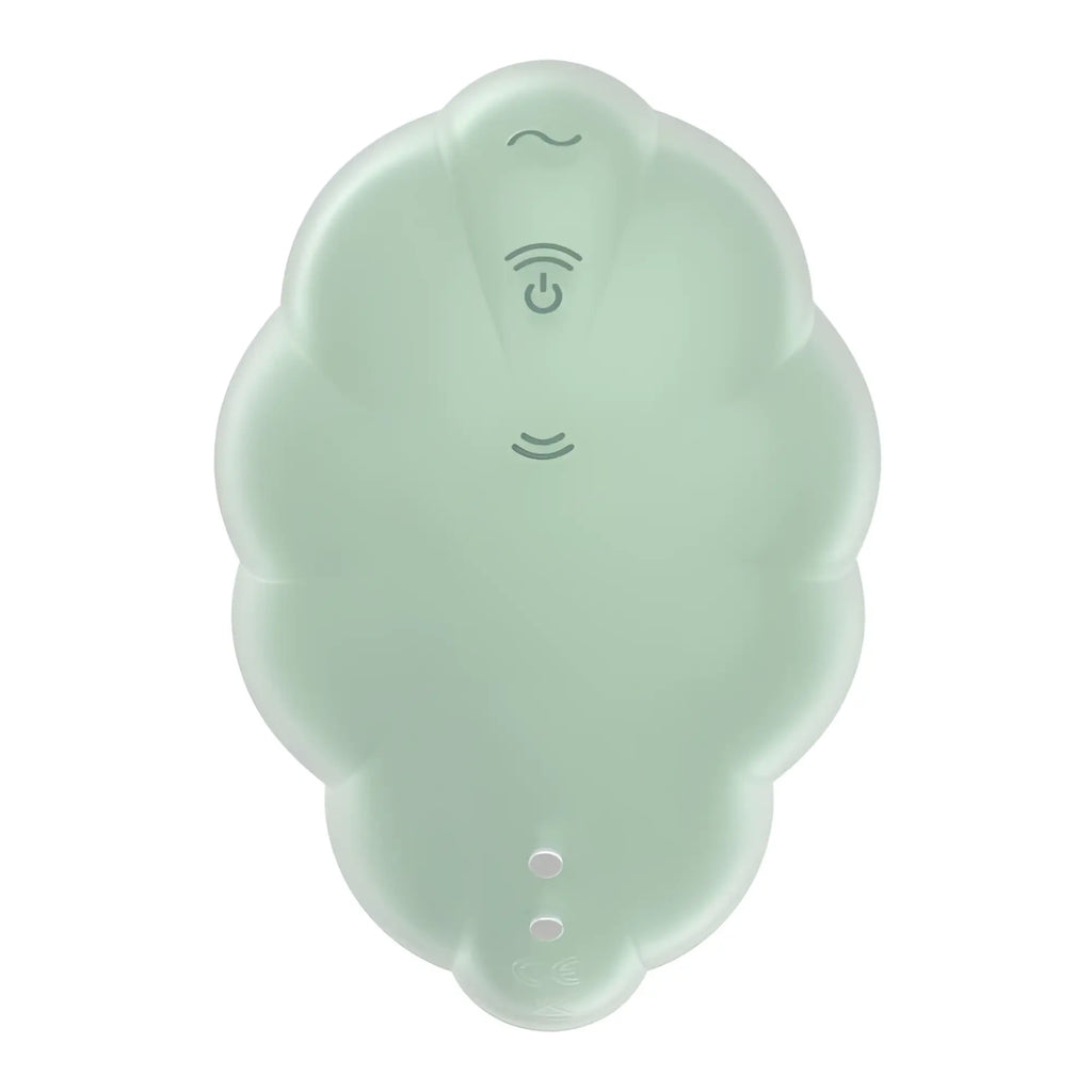 Satisfyer Cloud Dancer Mint wireless charging pad in mint green with cloud shape smooth translucent surface and embossed icons